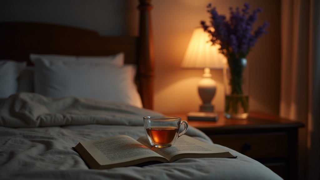 A cozy bedroom scene with soft lighting, lavender flowers, and a steaming herbal tea on a bedside table.